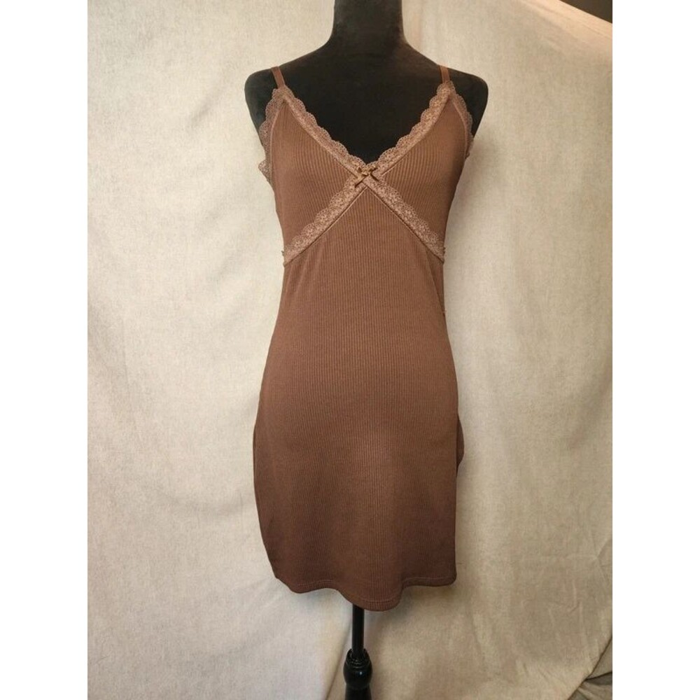 H&M Divided Sz M Brown Lace-Trimmed Bodycon Slip Dress Y2K 90s Inspired